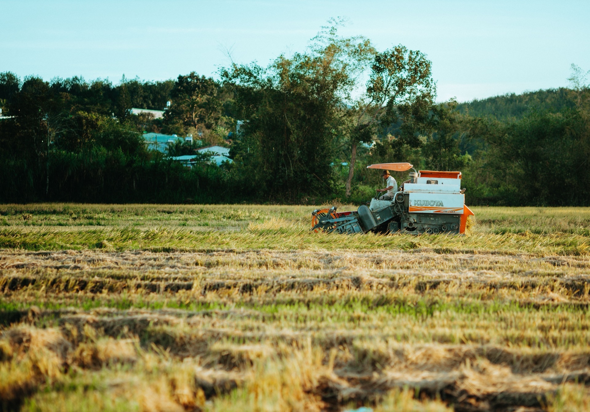 A modern tractor works a field at dawn, with farm buildings visible on the horizon.